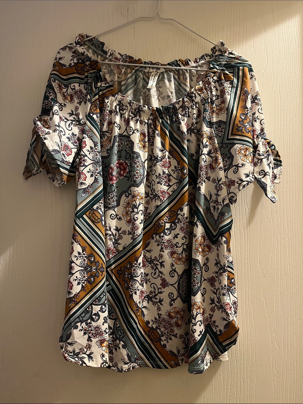 Floral-Print Off-Shoulder Blouse in White, Green & Mustard